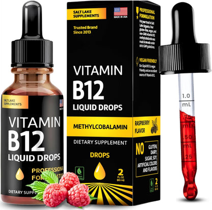 Vitamin B12 Liquid Drops, 5000 µg Methylcobalamin with B2, B3, B6 - Vegan Sublingual B Complex, Raspberry Flavour, 60 ml