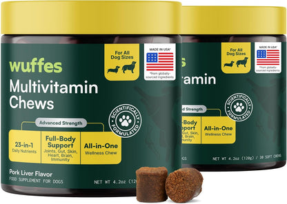 Wuffes 23-in-1 Dog Multivitamin Soft Chews - Skin and Coat, Immune + Gut Health Support with Omega-3, Iron & Zinc for Puppies & Senior Dogs, 60 Count