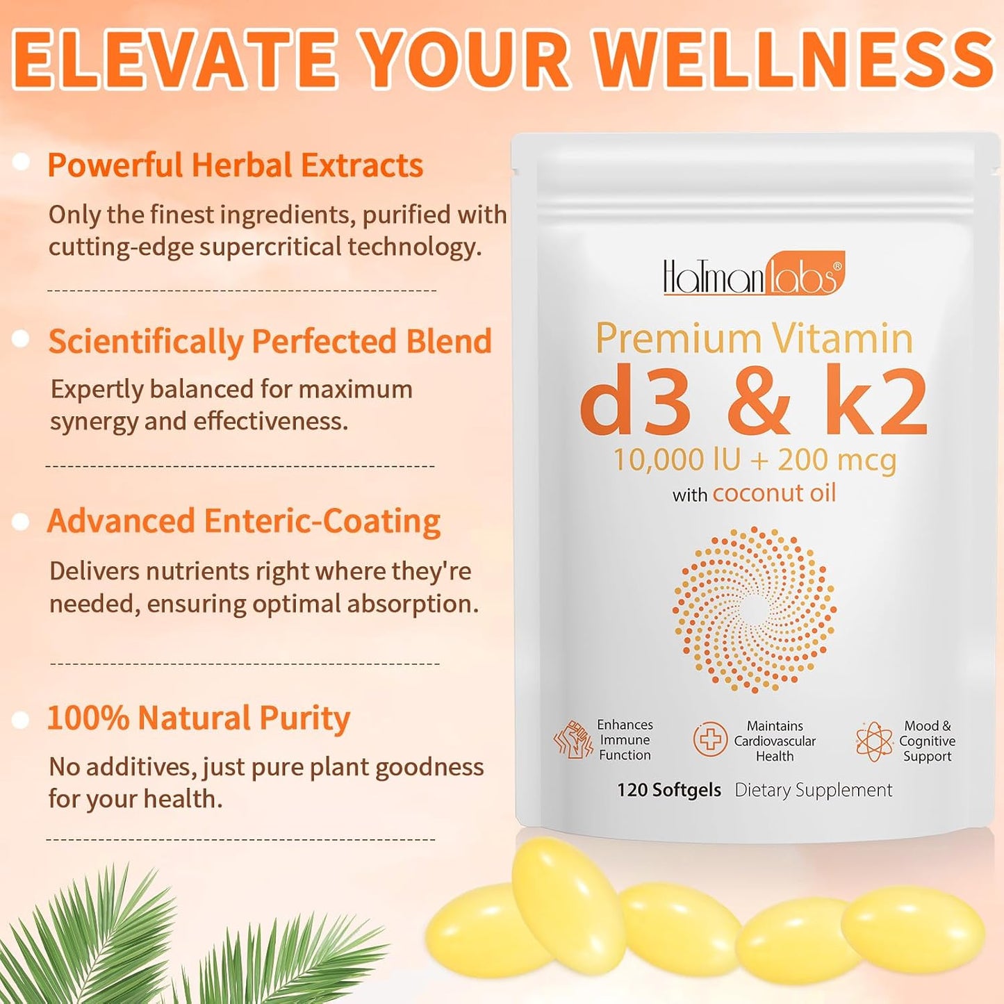 newseel Vitamin D3 K2 Capsules with Coconut Oil, 120 Soft gel capsules - görsel 2