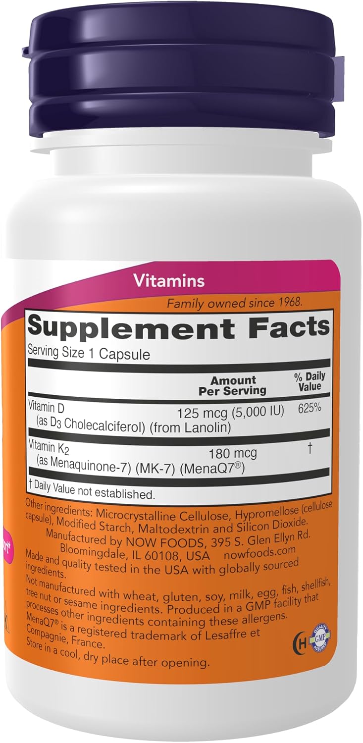 NOW Foods Mega D-3 & MK-7, 5,000 IU/180 mcg, 60 Veg Capsules - görsel 2
