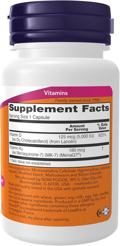NOW Foods Mega D-3 & MK-7, 5,000 IU/180 mcg, 60 Veg Capsules