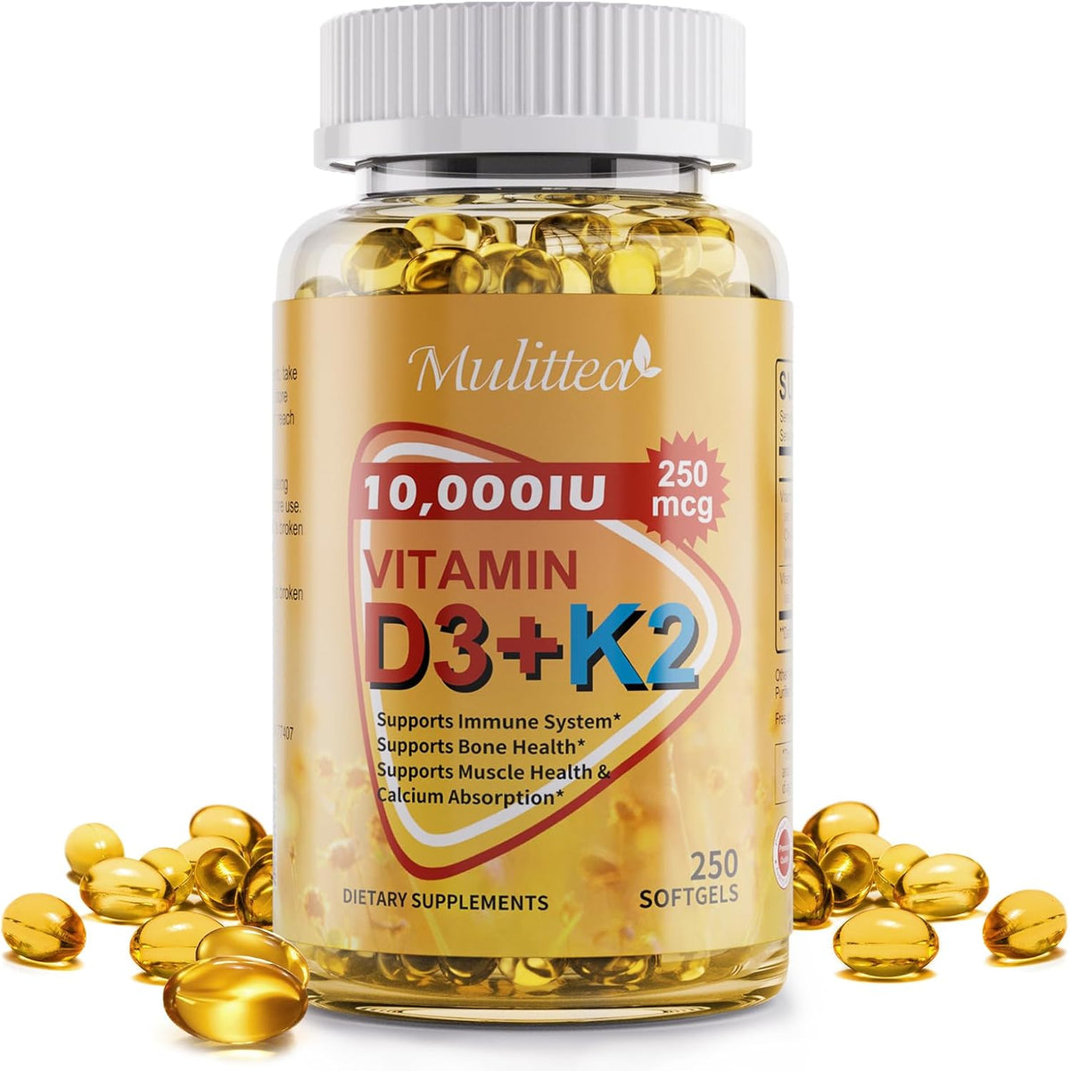 Mulittea Plant-Based Vitamin D3 & K2 10,000 IU with Coconut MCT Oil - 250 Soft gel capsules - görsel 1