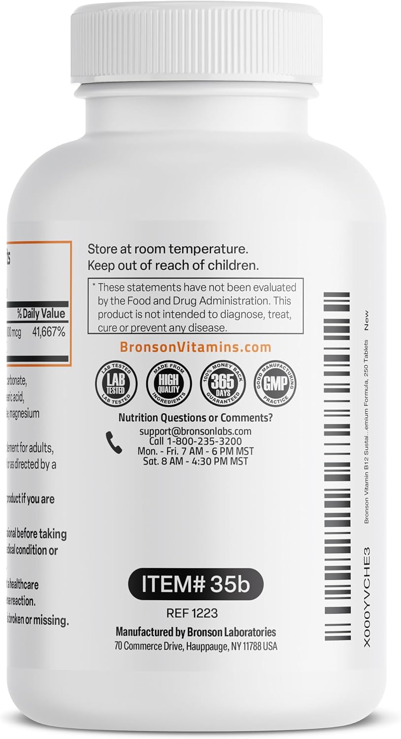 Bronson Vitamin B12 1000 mcg Sustained Release Tablets – Non-GMO, Vegan, 250 Count - görsel 7