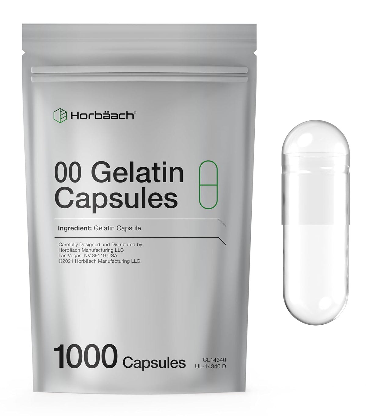 Empty Capsules Size 00 - 1000 Clear Gelatine Capsules - Resealable Bag - Non-GMO, Gluten-free - Horbaach - görsel 1