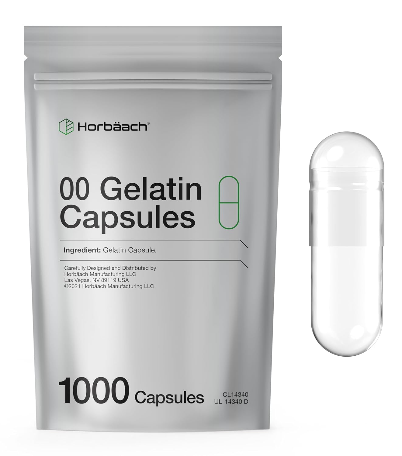 Empty Capsules Size 00 - 1000 Clear Gelatine Capsules - Resealable Bag - Non-GMO, Gluten-free - Horbaach - görsel 1