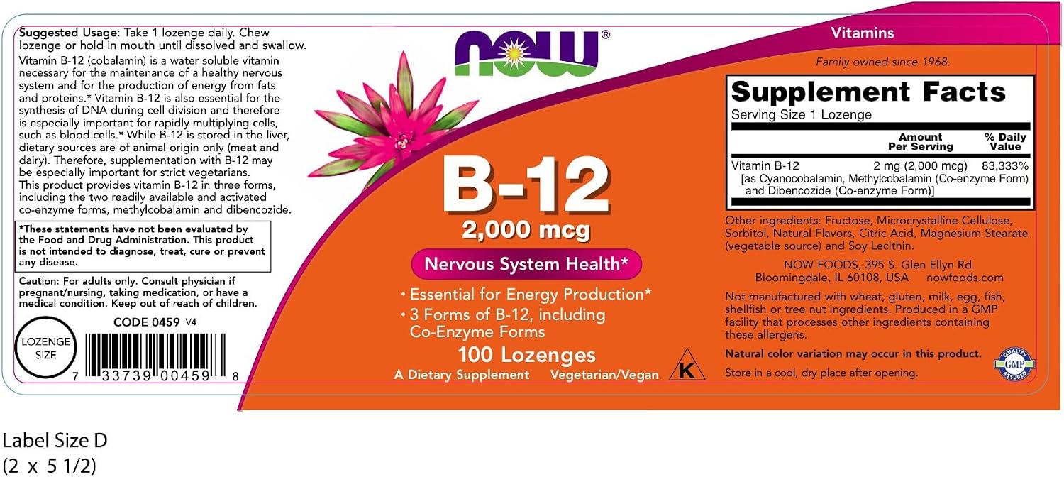 NOW Foods B-12 2000 mcg - 100 Lozenges (3 Pack) - görsel 2