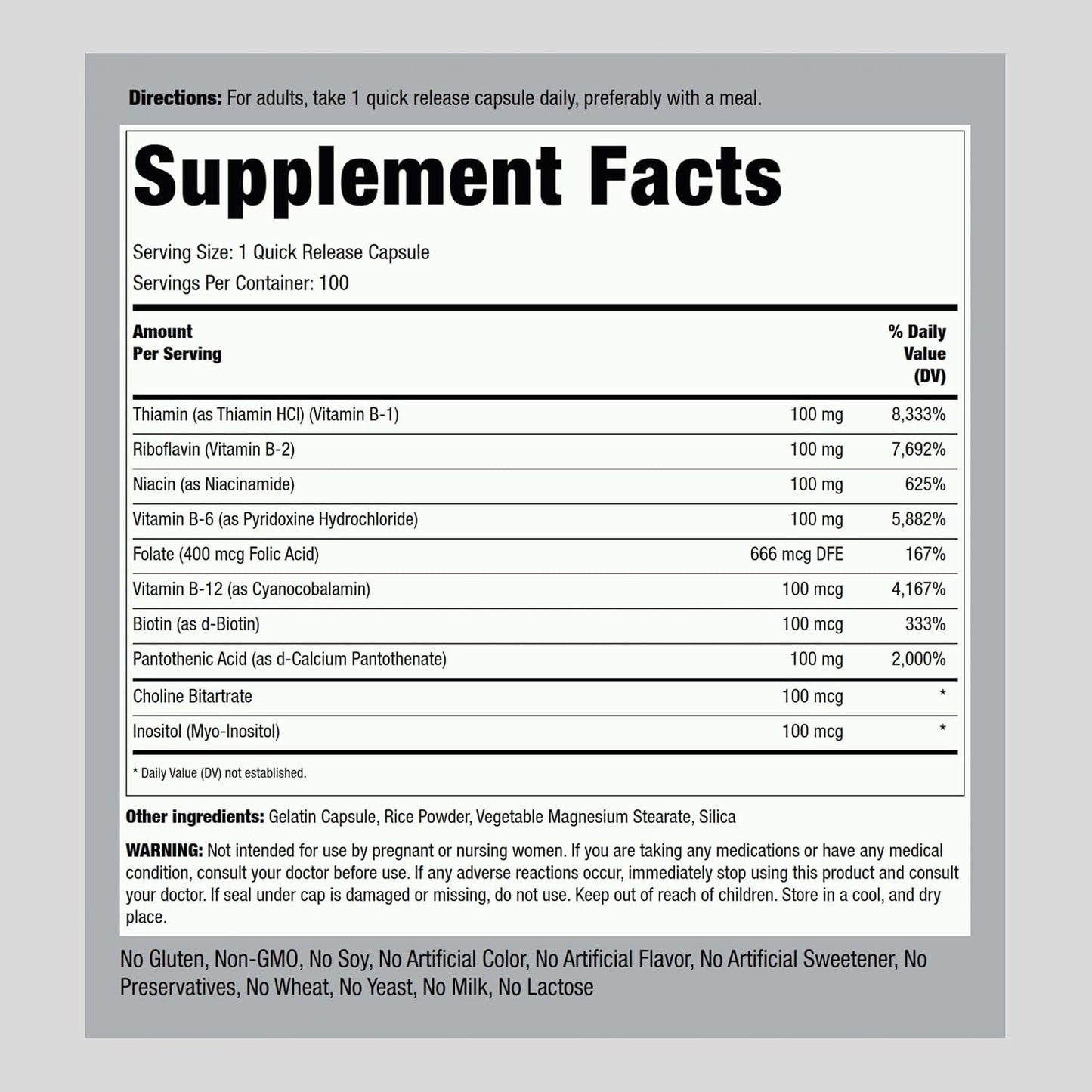 Piping Rock Vitamin B100 Complex, 100 Capsules - görsel 2