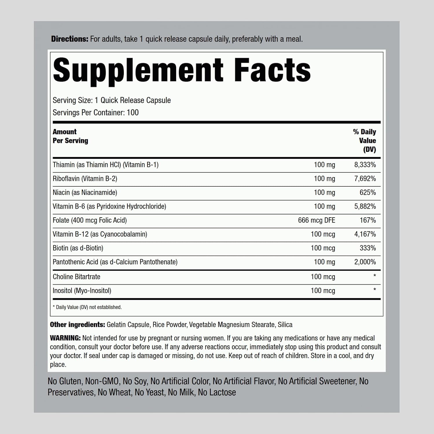 Piping Rock Vitamin B100 Complex, 100 Capsules - görsel 2