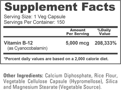 NusaPure Vitamin B12 5000 mcg 150 Veggie Capsules - High Strength, Non-GM, Vegan