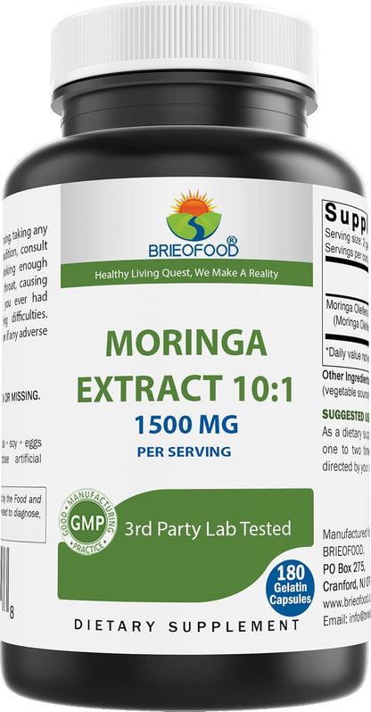 Moringa Oleifera Extract 10:1 1500 mg - 180 Capsules - Non-GM and Gluten-Free Supplement - Moringa Leaf Green Superfood