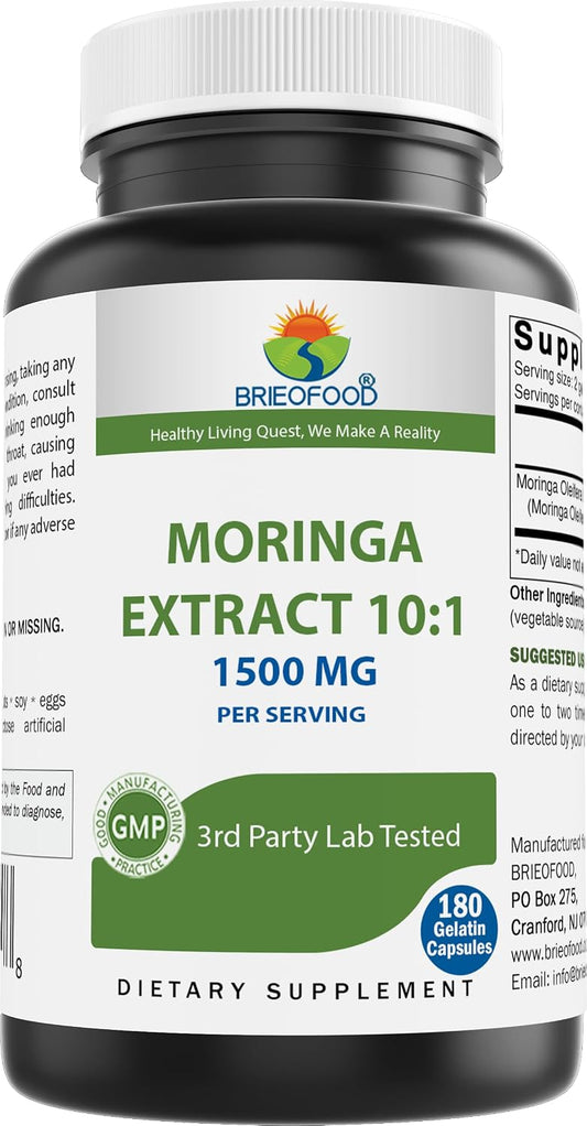 Moringa Oleifera Extract 10:1 1500 mg - 180 Capsules - Non-GM and Gluten-Free Supplement - Moringa Leaf Green Superfood