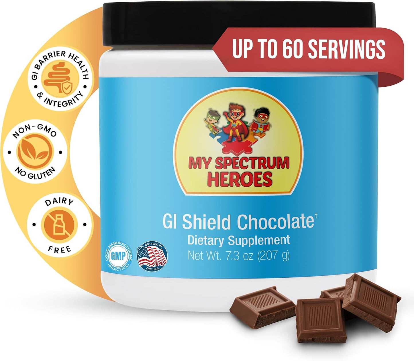 My Spectrum Heroes GI Shield Supplement – Supports Gut Barrier Health & Integrity, Brain-Gut Connection – Chocolate, 30 Servings - görsel 1