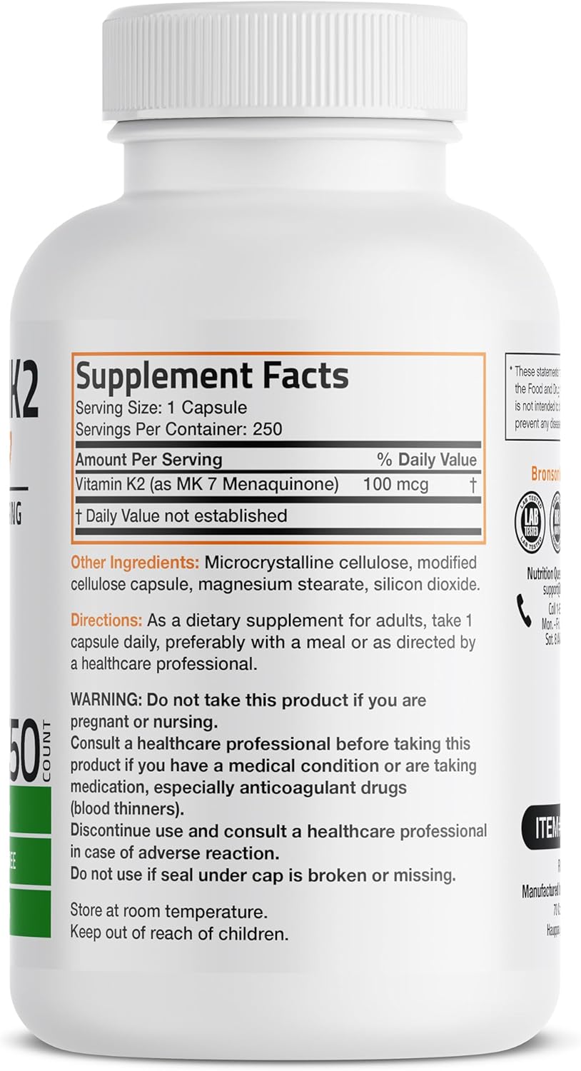 Bronson Vitamin K2 MK-7 Menaquinone 100 mcg, 250 Capsules - görsel 2