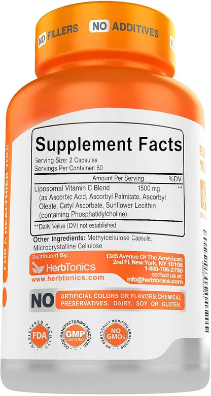 Herbtonics Liposomal Vitamin C 1500mg Food Supplement | Vitamin C for Immune & Collagen Health | High Absorption | 120 Vegan Capsules - Non-GMO