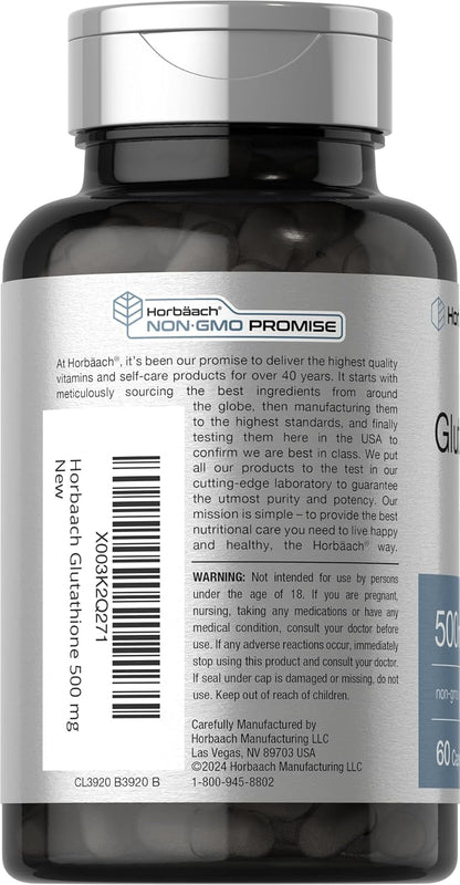 Horbäach Glutathione 500mg | 60 Capsules | Reduced Form | Non-GM & Gluten-free Supplement