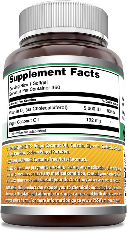 Amazing Formulae Vitamin D3 5000 IU in Coconut Oil, 360 Softgels