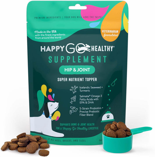 Happy Go Healthy Hip & Joint Supplements for Dogs – Joint Health & Mobility Support – Natural Ingredients, Tasty Kibble Dog Food Topper – 21 Count