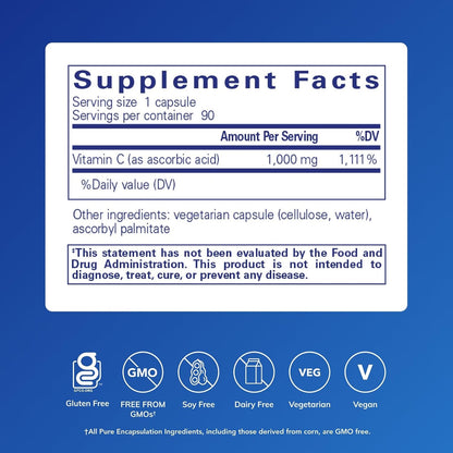 Pure Encapsulations Ascorbic Acid Capsules – 1,000 mg Vitamin C – Antioxidant & Immune Support – Vegan & Non-GMO – 90 Capsules