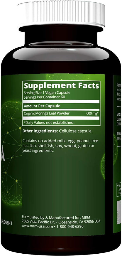 MRM Nutrition Moringa Leaf Capsules – Organic Moringa Powder, 600mg, 60 Vegan Capsules – Supports Nutrient Density & Digestive Health