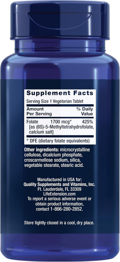 Life Extension Optimised Folate – L-Methylfolate – Heart & Brain Support, Healthy Homocysteine Levels – 1700 mcg DFE, 100 Vegetarian Tablets