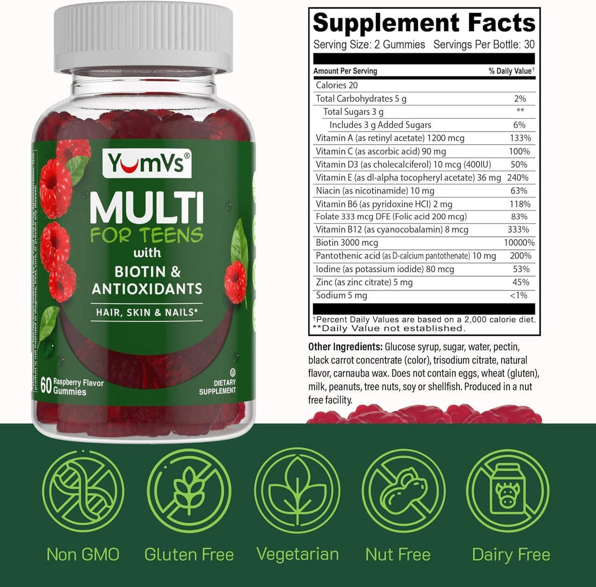 YumVs Teen Multivitamin Gummies with Biotin and Antioxidants - Raspberry Flavour - 120 Gummies (Pack of 2) - görsel 5