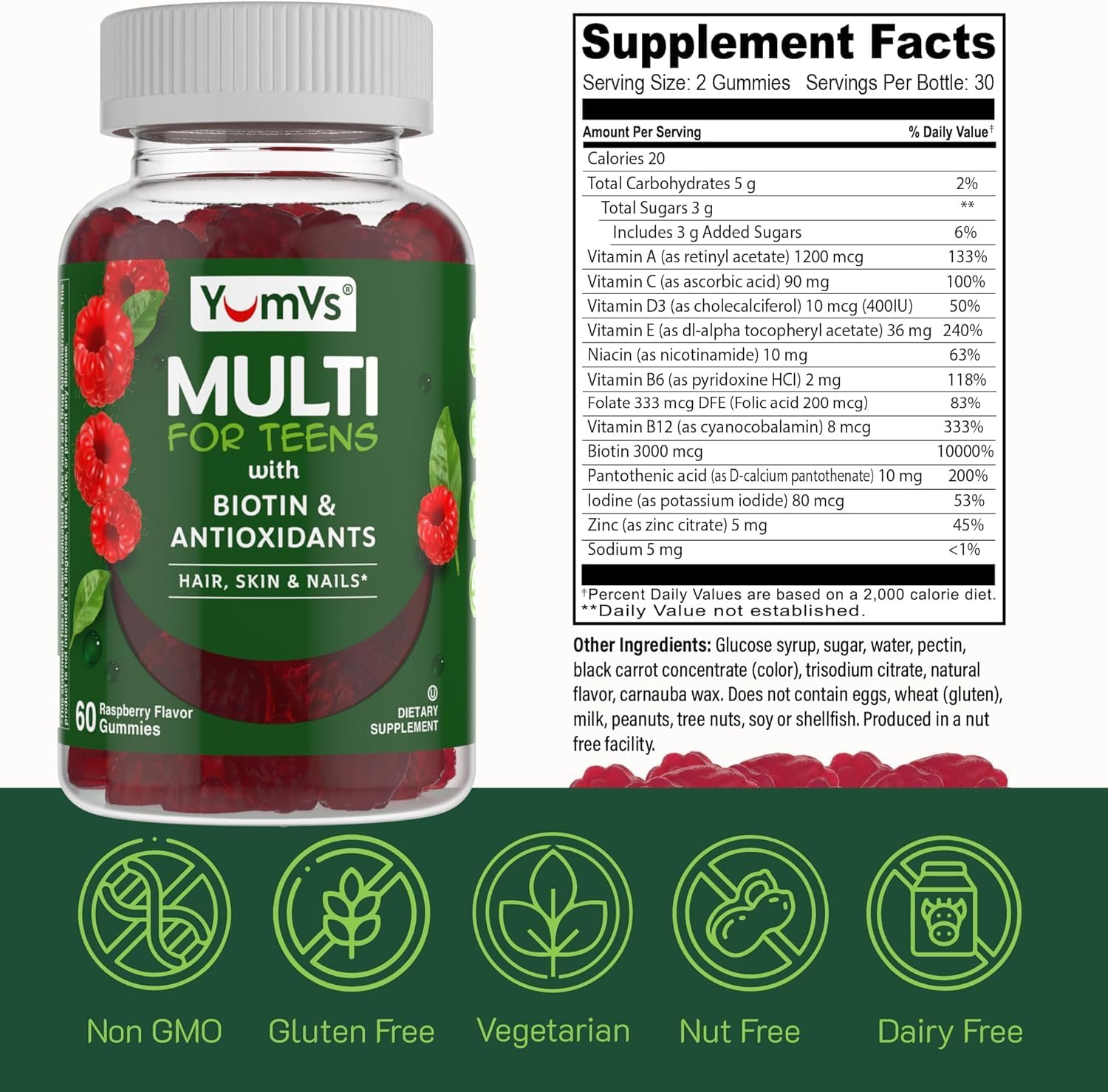 YumVs Teen Multivitamin Gummies with Biotin and Antioxidants - Raspberry Flavour - 120 Gummies (Pack of 2) - görsel 5