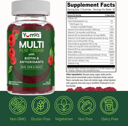 YumVs Teen Multivitamin Gummies with Biotin and Antioxidants - Raspberry Flavour - 120 Gummies (Pack of 2)