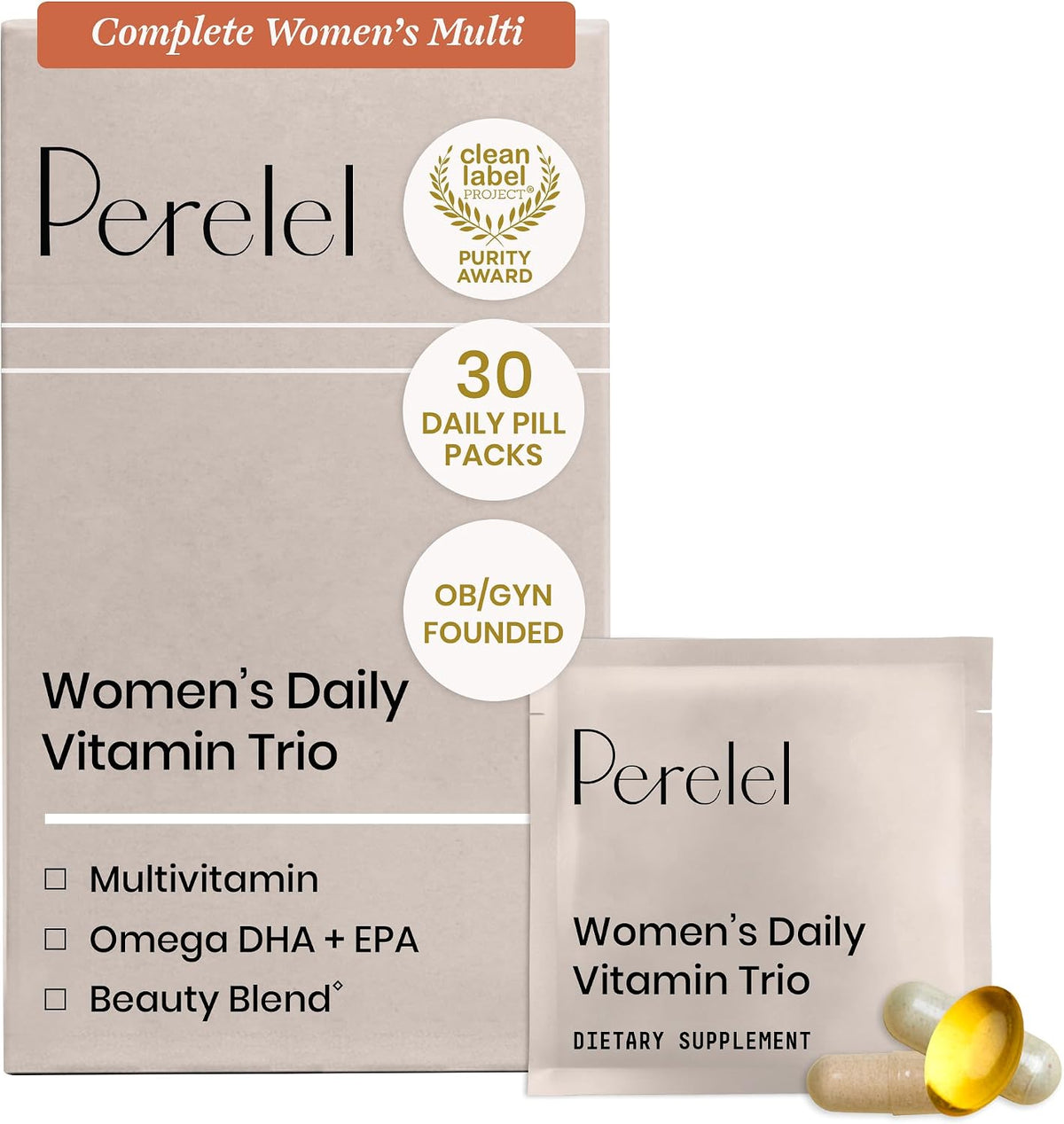 Perelel Women's Daily Vitamin Trio - Multivitamin, Omega-3 DHA+EPA & Beauty Blend, 30 Daily Packs - görsel 1