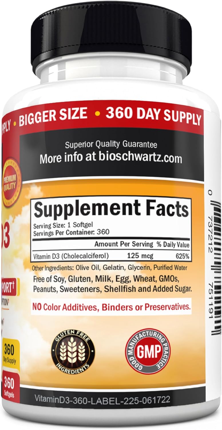 Vitamin D3 5000 IU (125 mcg) with Olive Oil – 360 Softgels - görsel 7