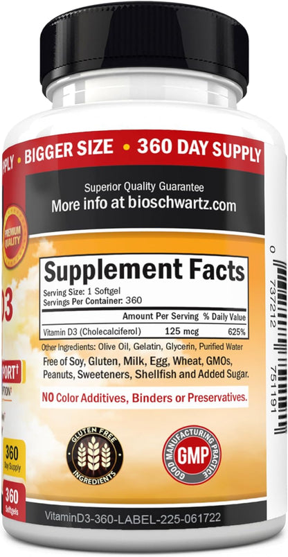 Vitamin D3 5000 IU (125 mcg) with Olive Oil – 360 Softgels