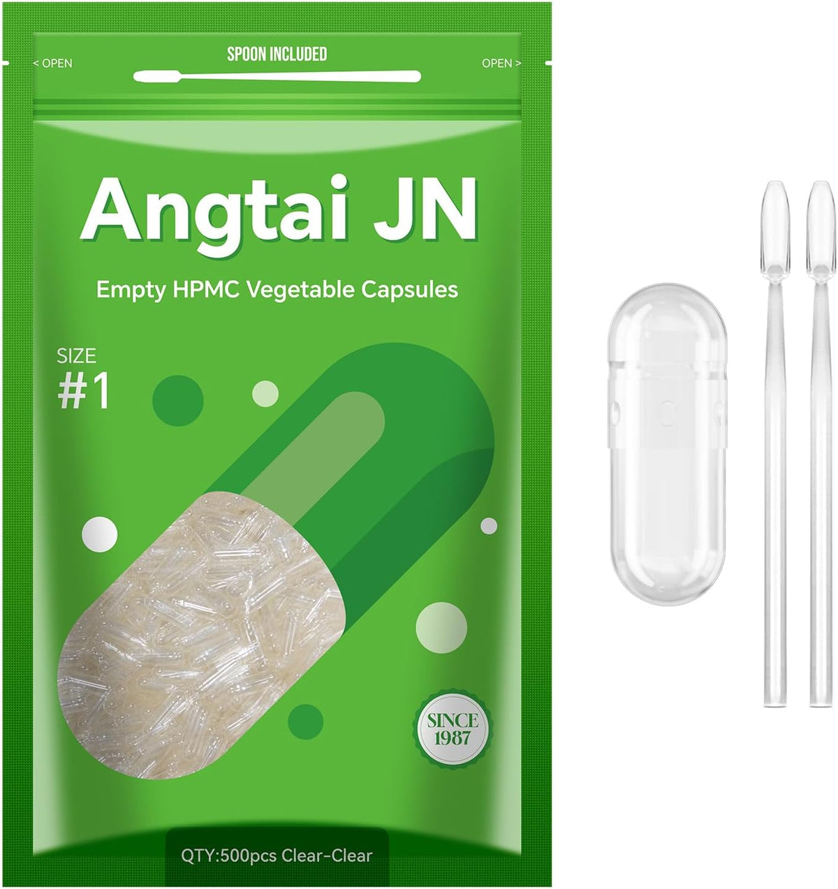 Angtai JN Size 1 Empty Vegan Capsules (500 Count) with Filling Kit - Gluten-free, Non-GMO, Halal Certified - görsel 1