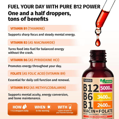 NUSAVA Vitamin B1 (Thiamine) & B12 Liquid Drops – Sublingual Methylcobalamin B Complex – Vegan, Non-GMO, Gluten-free – Crimson Orange (2-Pack, 60 ml each)