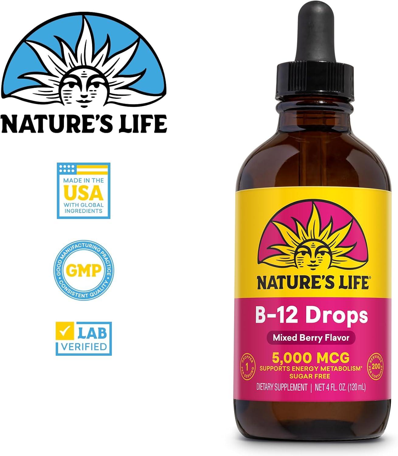 Nature's Life B12 Drops 5000 mcg - Vitamin B12 Methylcobalamin Liquid Supplement, Mixed Berry, Sugar Free, 4 oz (200 Servings) - görsel 2