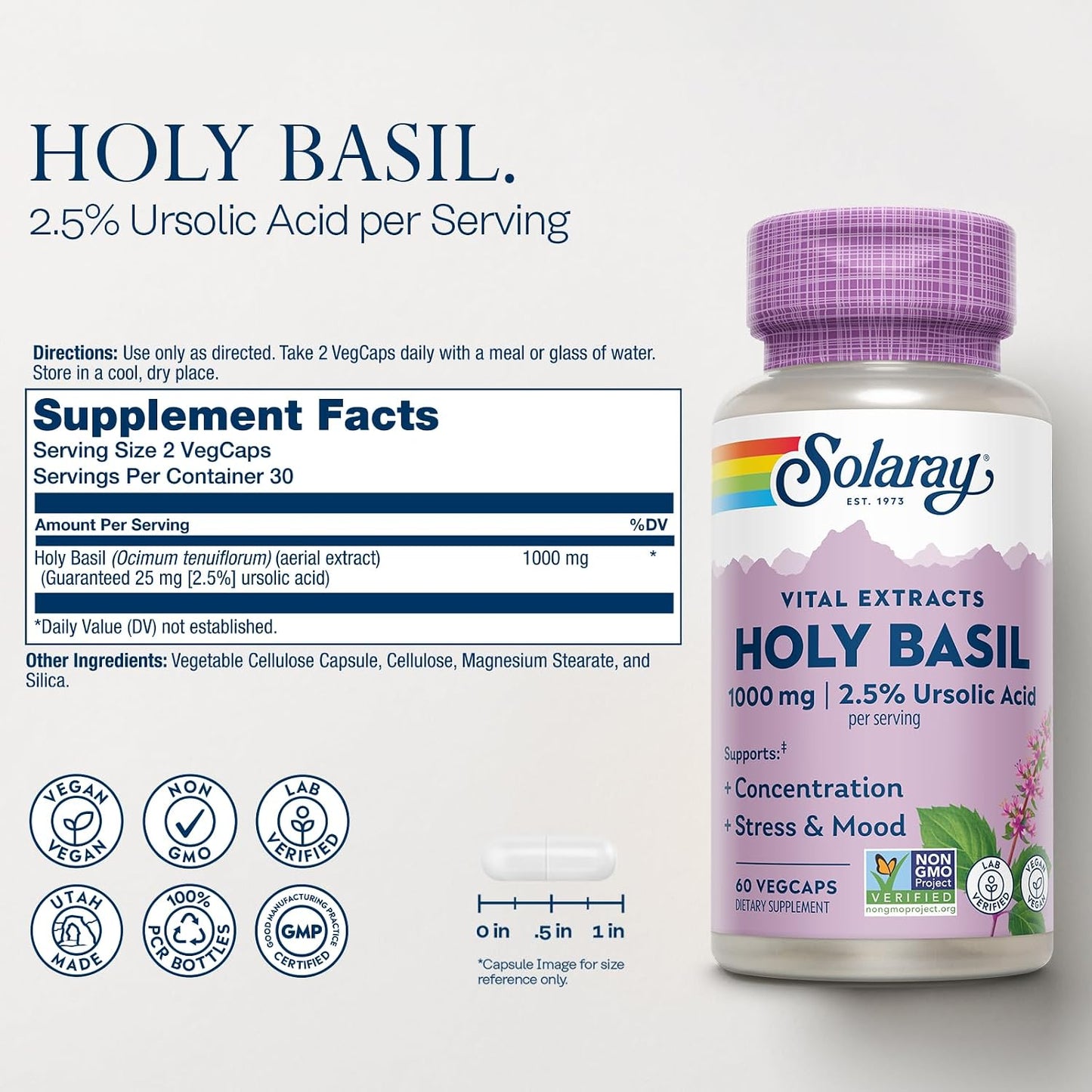 SOLARAY Holy Basil 1000 mg – Adaptogenic Tulsi Supplement with Ursolic Acid - görsel 2