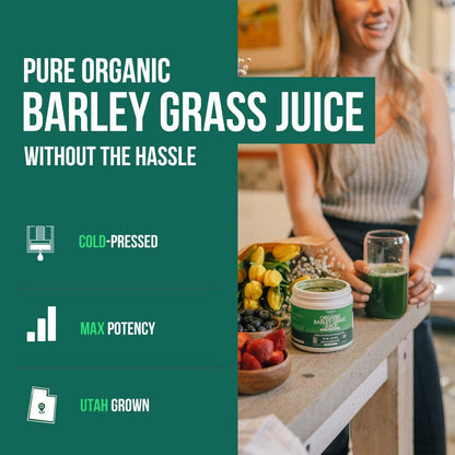 Organic Barley Grass Juice Powder - Grown in Volcanic Soil of Utah - Raw & BioActive Form, Cold-Pressed then CO2 Dried – Gluten-free, GMO free, Vegan - 150 g