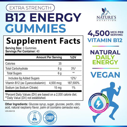 Nature's Nutrition B12 Energy Gummies - 4500 mcg - Extra Strength - Berry Flavour - 120 Gummies