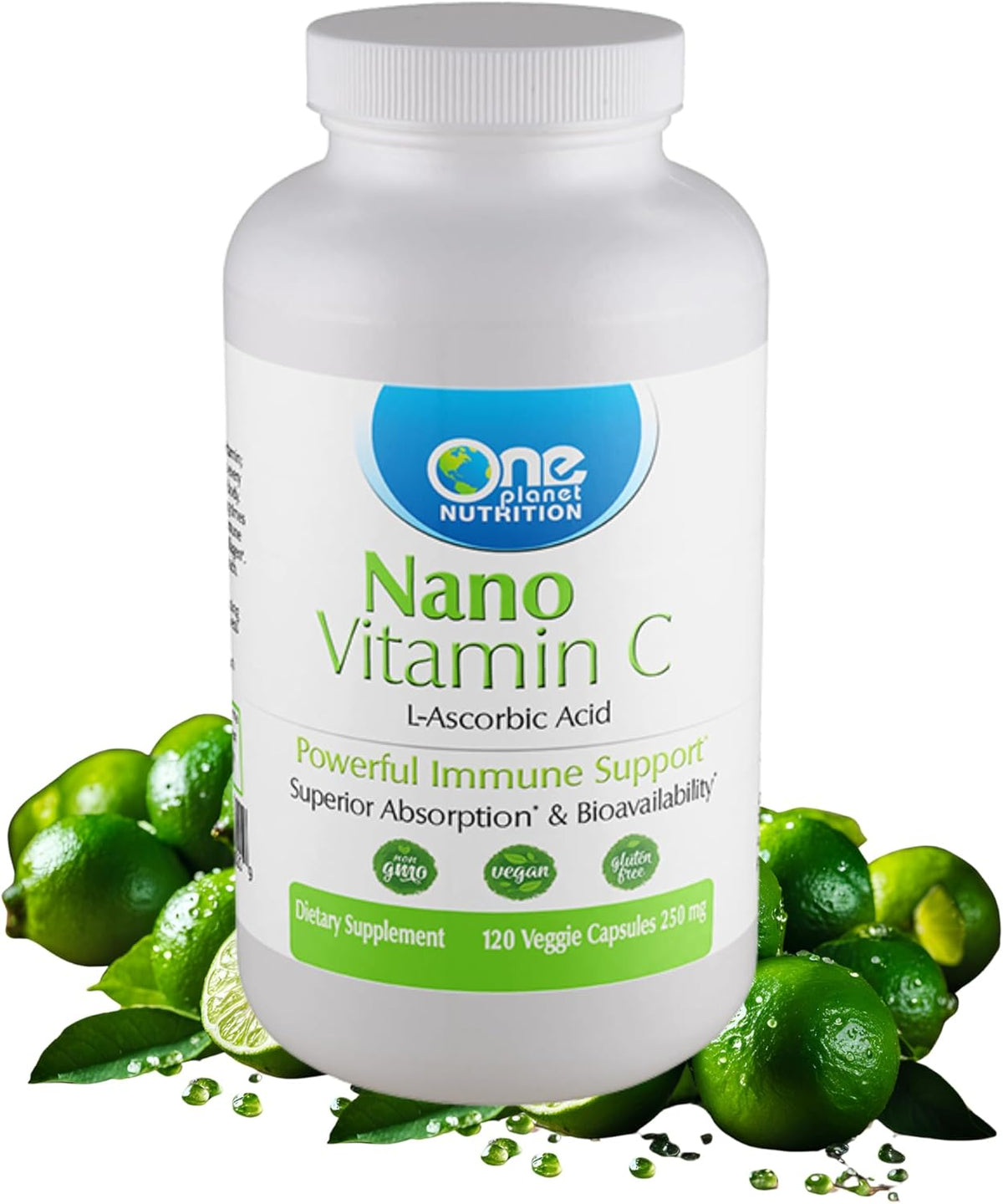 One Planet Nutrition Nano Vitamin C 250 mg Veggie Capsules (240 Servings), Ascorbic Acid from Lime Extract, Nano for Enhanced Absorption, Supports Collagen Production & Immune Function, Non-GMO, Vegan - görsel 1
