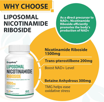 Orgabay Liposomal Nicotinamide Riboside 2000 mg with TMG and Pterostilbene, Boosting NAD+, Support Healthy Ageing, 120 Count