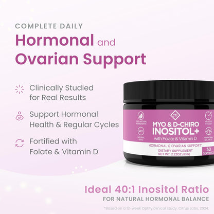 Optify Myo-Inositol & D-Chiro Inositol Powder - 40:1 Ratio with Folate & Vitamin D for Hormonal Balance (63g)