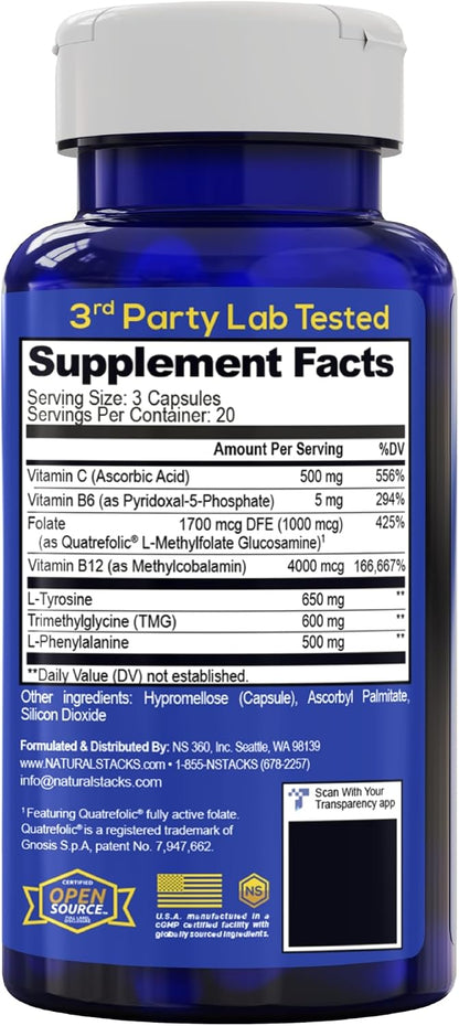 Natural Stacks Dopamine Brain Food - L-Tyrosine Supplement for Focus and Mental Drive, 120 Capsules