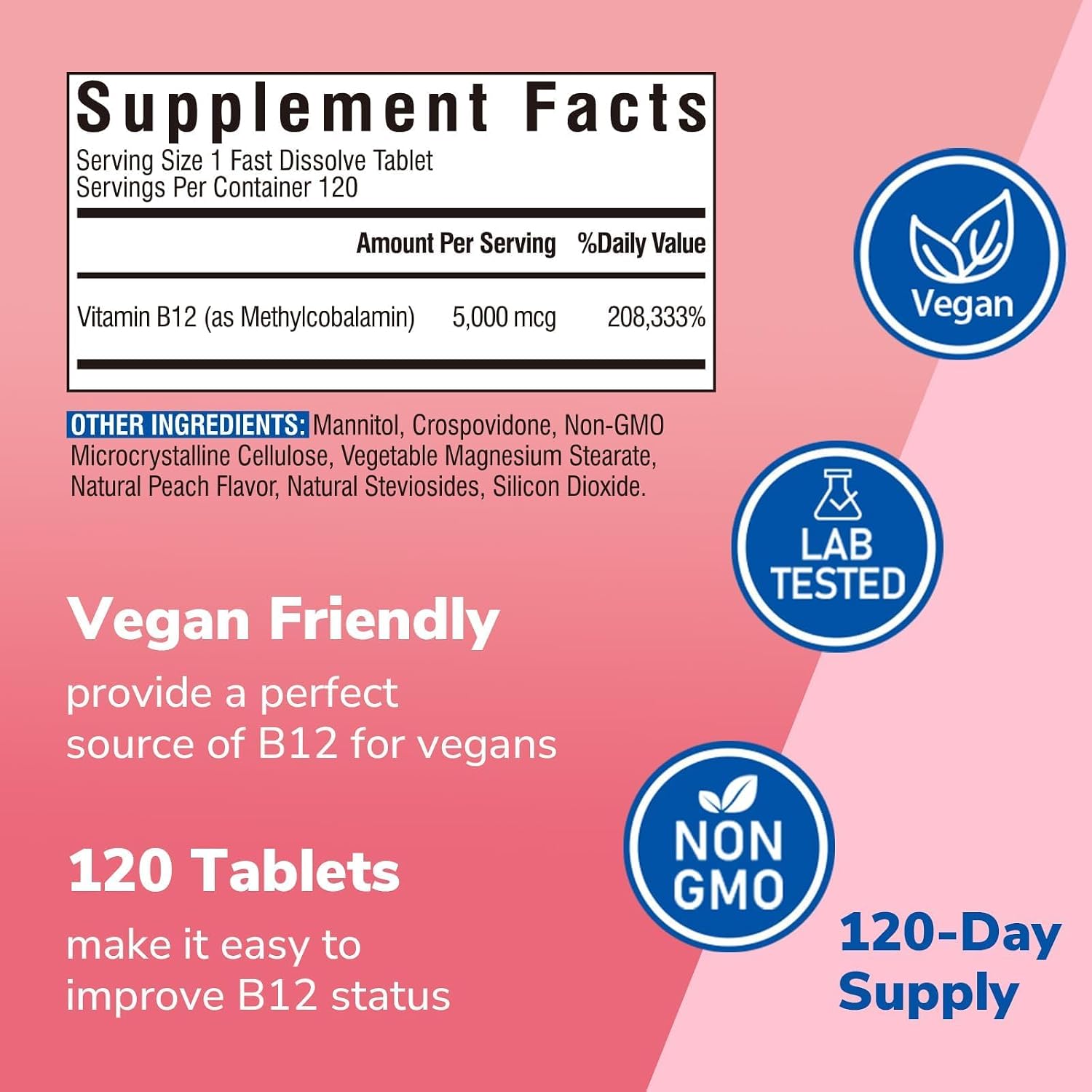Vitalibre Vitamin B12 Sublingual 5000 mcg Methylcobalamin – Vegan, Peach Flavour, 120 Fast Dissolve Tablets - görsel 3