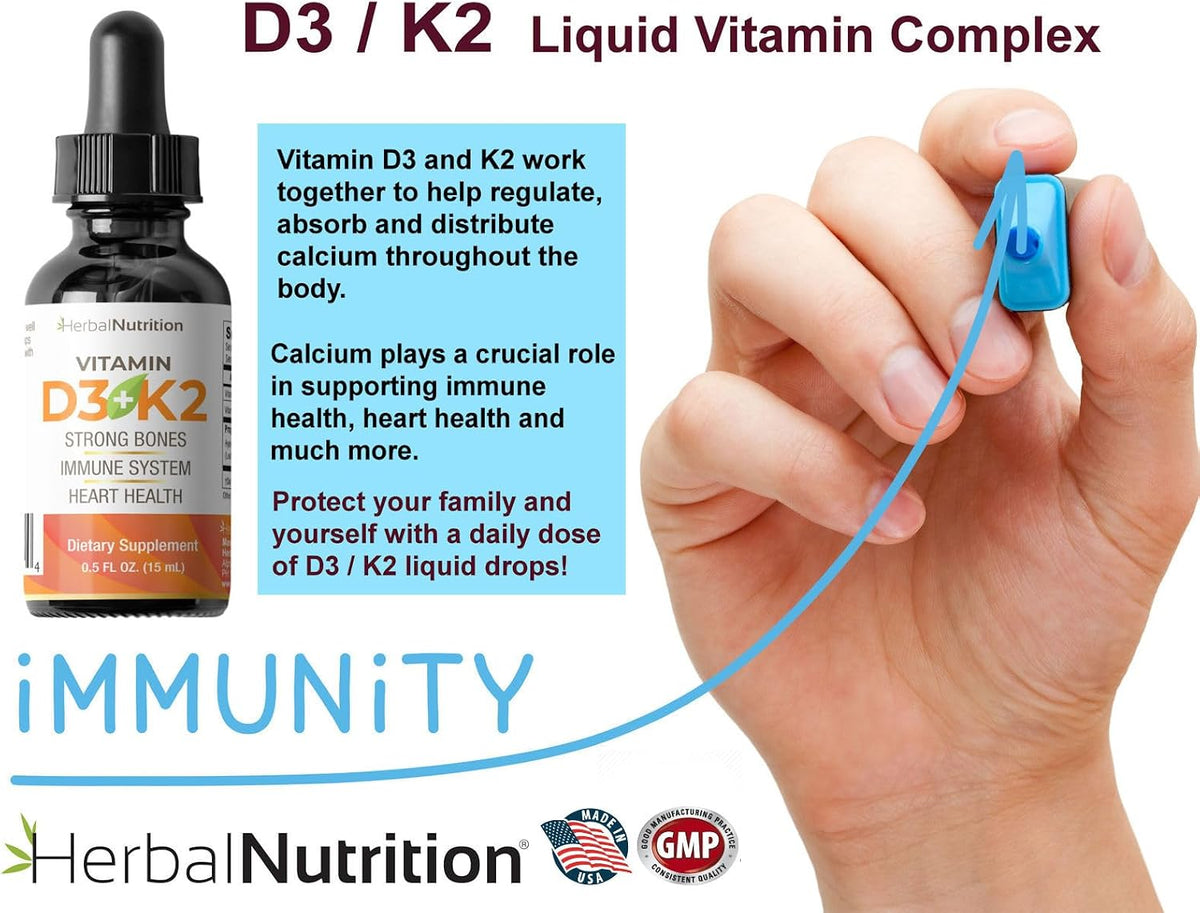 Herbal Nutrition Vitamin D3 + K2 Liquid Drops, 5000 IU D3 with K2 MK-7, 270 Servings - görsel 5