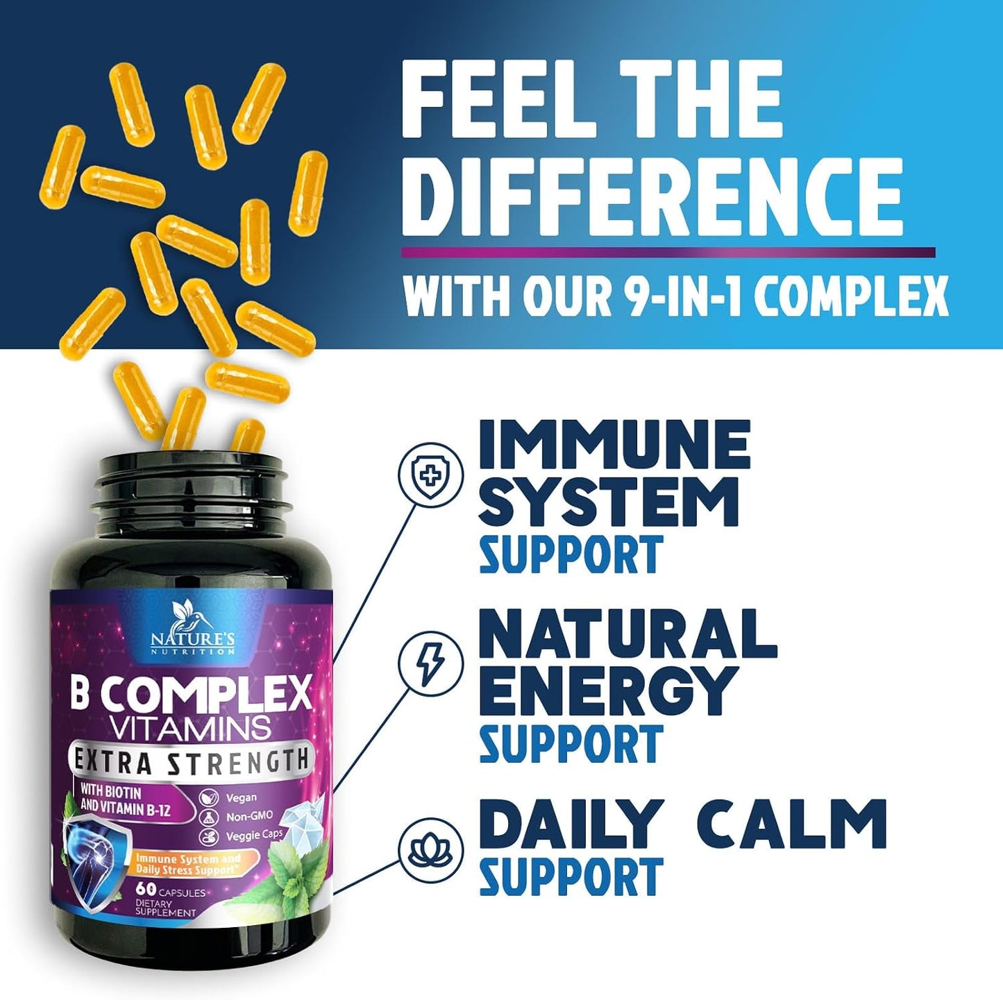 B Complex Vitamins Capsules - Super Complete B-100 Complex with Vitamin B12, B6, C, Biotin, Folate & Folic Acid for Immune & Energy Support - Supplement for Heart, Brain, & Nerve Support - 60 Capsules - görsel 5