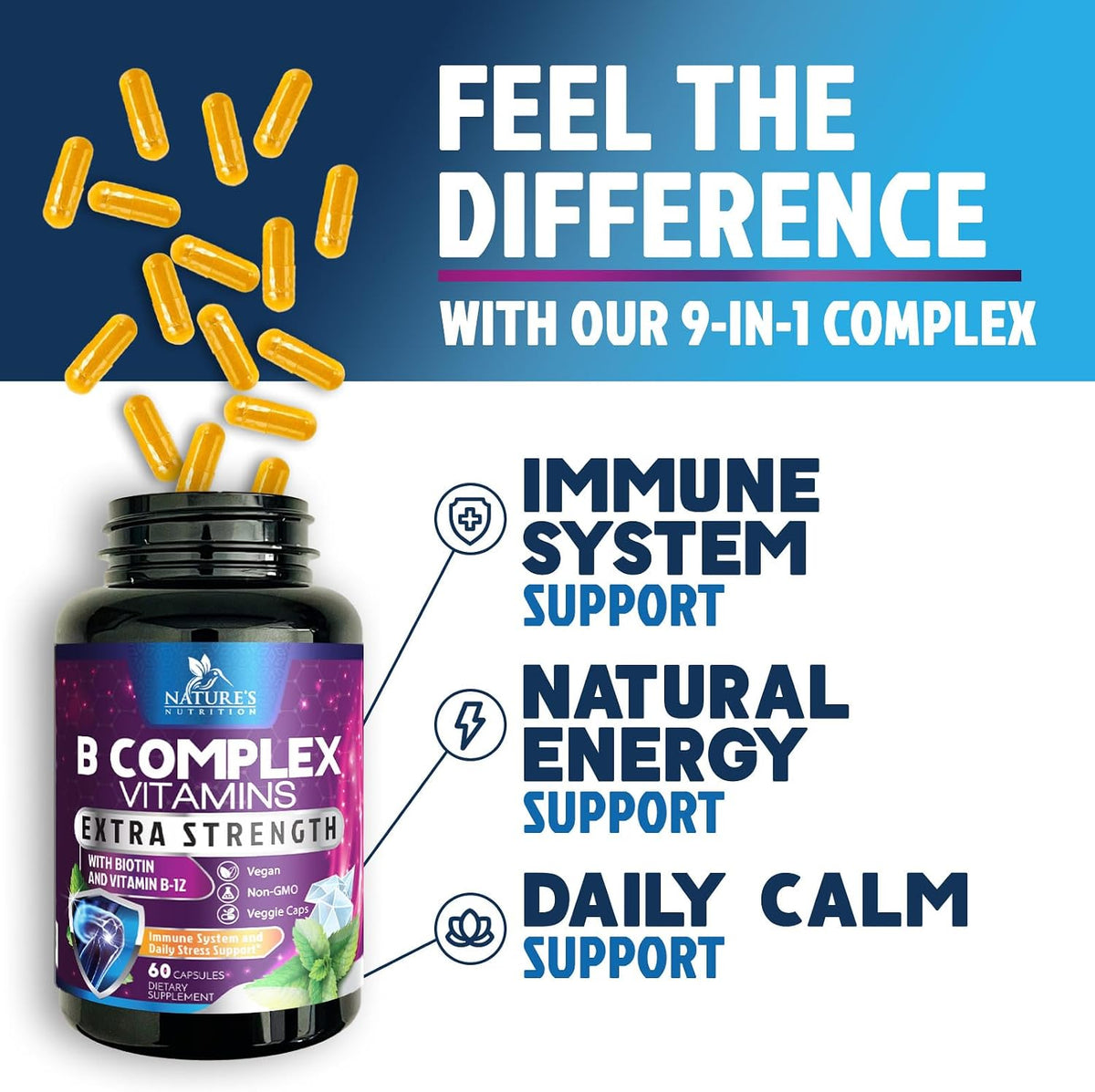 B Complex Vitamins Capsules - Super Complete B-100 Complex with Vitamin B12, B6, C, Biotin, Folate & Folic Acid for Immune & Energy Support - Supplement for Heart, Brain, & Nerve Support - 60 Capsules - görsel 5