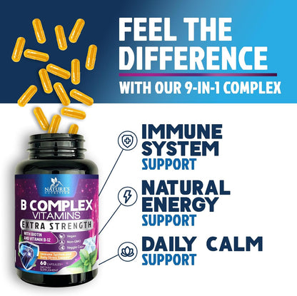 B Complex Vitamins Capsules - Super Complete B-100 Complex with Vitamin B12, B6, C, Biotin, Folate & Folic Acid for Immune & Energy Support - Supplement for Heart, Brain, & Nerve Support - 60 Capsules