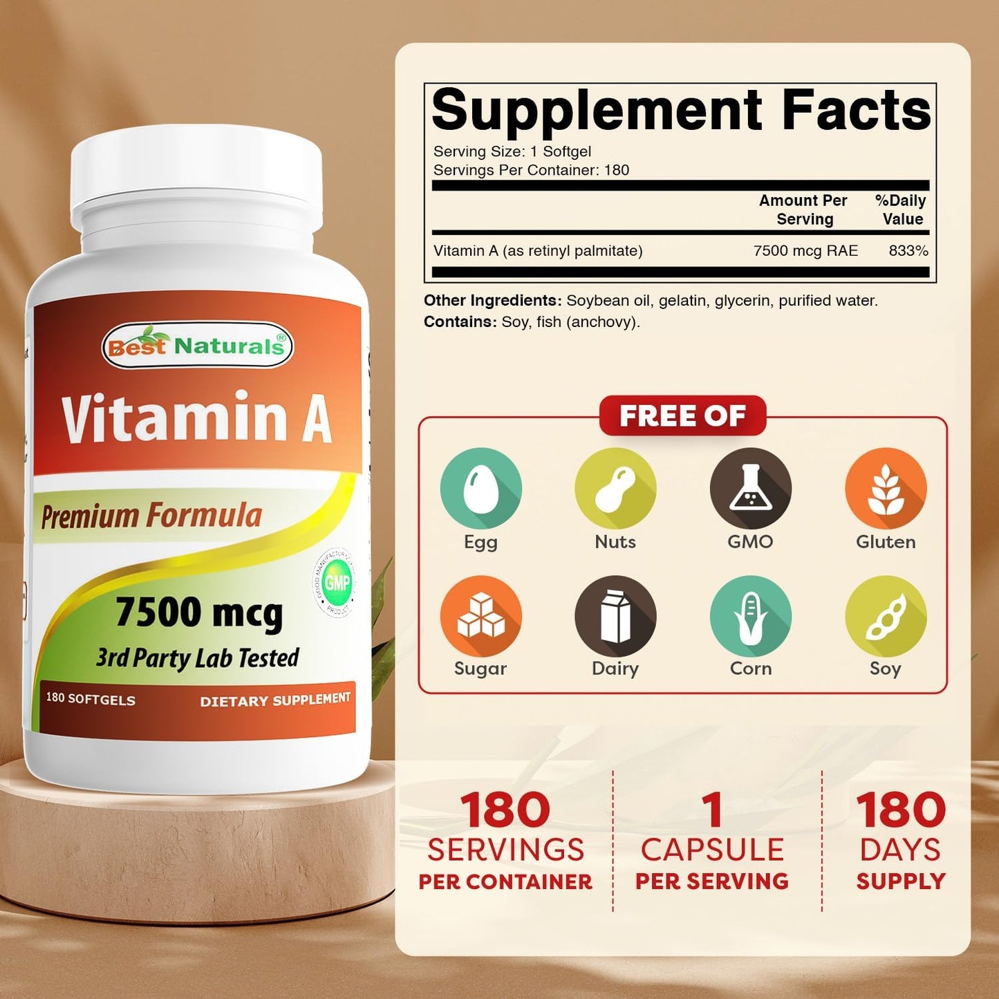 Best Naturals Vitamin A 25,000 IU (7,500 mcg), Non-GMO, 180 Softgels - görsel 2