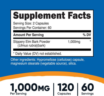 Nutricost Slippery Elm Bark Capsules 1000mg Per Serving, 120 Capsules – Non-GM, Gluten-free, Vegetarian Friendly