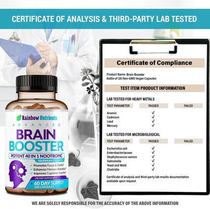40-in-1 Brain Booster Supplements for Memory, Focus, Clarity, Energy, Performance | Natural Nootropic Brain Support Supplement with DMAE, Bacopa Monnieri & More | For Men & Women | 120 Veggie Capsules
