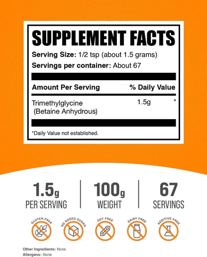 BulkSupplements.com TMG Powder - Trimethylglycine as Betaine Anhydrous, TMG Supplement - Unflavoured & Gluten-Free, 1.5 g per Serving, 100 g (Pack of 1)