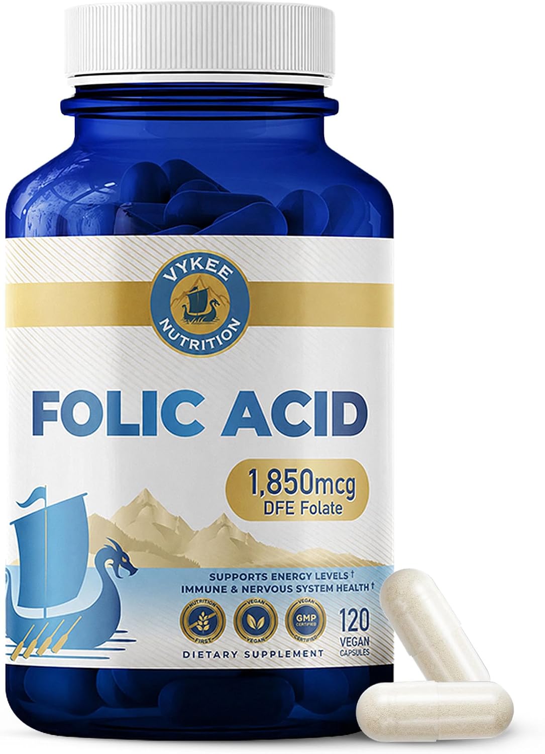 Vykee Nutrition Folic Acid Capsules – Supports Body Processes, Antenatal Health and Energy – Vitamin B9 Supplement – Vegan, Non-GMO, Gluten-free – 1,850 mcg DFE, 120 Count - görsel 1